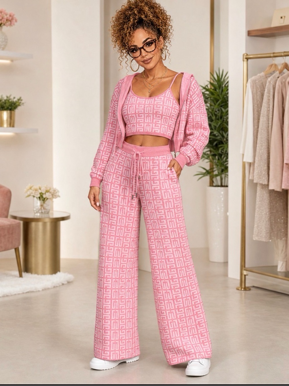 Fashion Nova Pink Geometric Wide-Leg Knit Pants